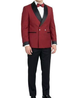 Red Double Breasted Satin Wide Shawl Lapel 2 Piece Men's Suit